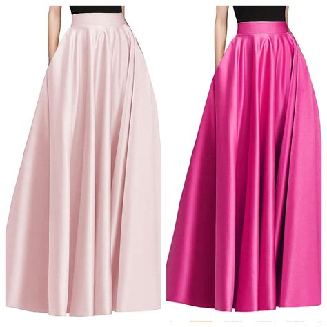 Women Satin Skirts Long Floor Length High Waist Wedding Formal Prom Party Skirts With Pockets