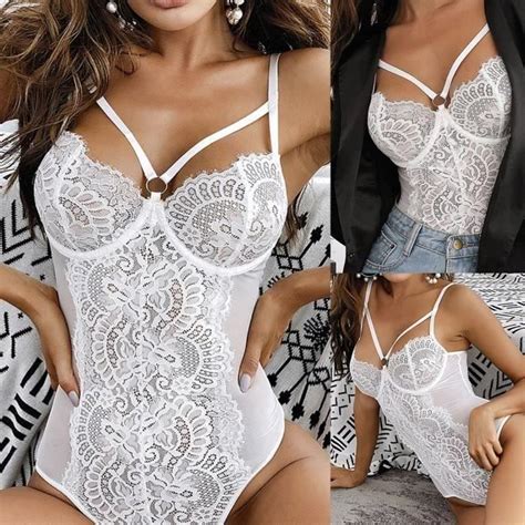 Combinaison Femmes Babydoll Sexy Dentelle Lingerie Body Blackless Underwear Pyjamas Blanc Blanc