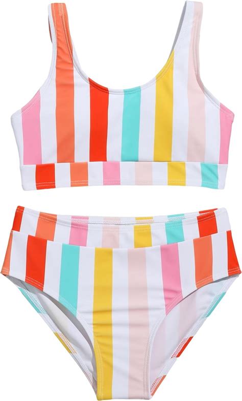 Amazon Cozyease Girl S Piece Bikini Set Color Block Striped Print Swimsuit Set Cute