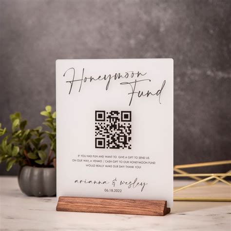 Honeymoon Fund Qr Sign With Wood Stand Scannable Qr Code Etsy