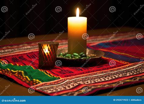 A Lit Kinara Positioned Near A Decorated Kwanzaa Mat Mkeka Stock Image