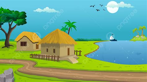 village cartoon background illustration   cottage lake trees