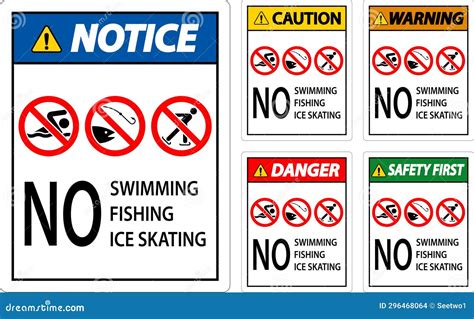 Prohibition Sign Warning No Swimming Fishing Ice Skating Stock