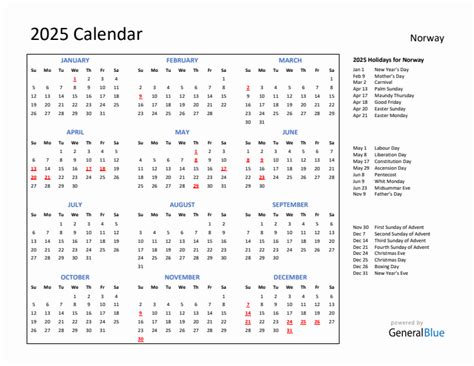 2025 Calendar with Holidays for Norway