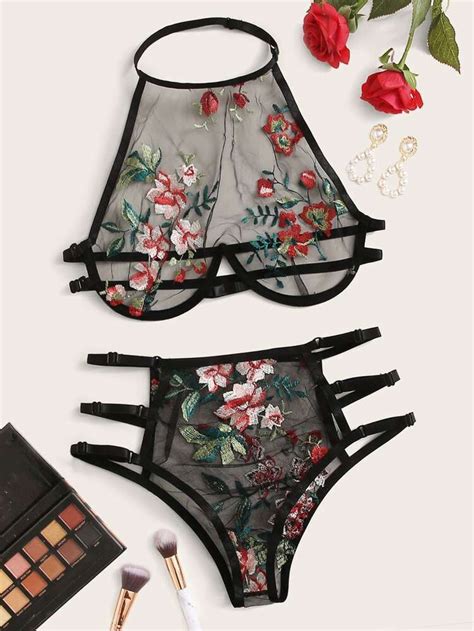 Floral Embroidered Mesh Underwire Halter Lingerie Set Artofit