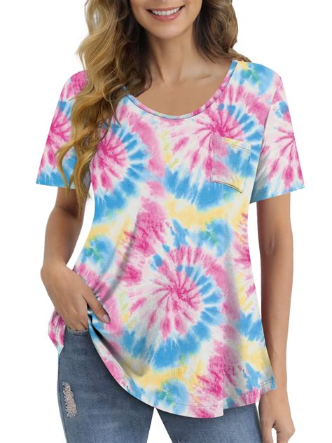 Folunsi Womens T Shirts Short Sleeve Round Neck Loose Print Tunic Tops