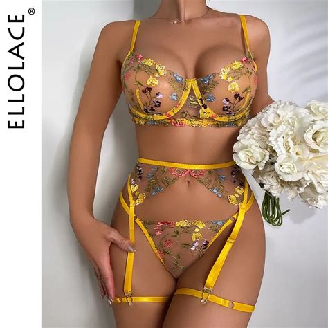 Ellolace Lingerie Sensual Lace Underwear Transparent Embroidery Piece Garters Fancy Beautiful