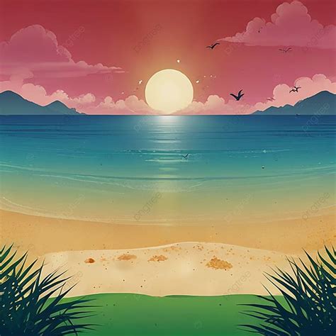 A Cartoon Beach Scene With The Sun Setting Background Summer Summer