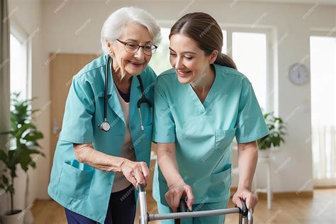 Premium Photo Young Caregiver Helping Senior Woman Walking Nurse