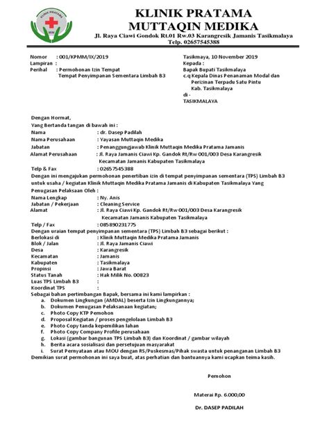 Permohonan Izin Tps Limbah B3 Pdf