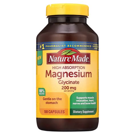 Nature Made High Absorption Magnesium Glycinate 200 mg, Supports Muscle Relaxation, Heart, Nerve ...