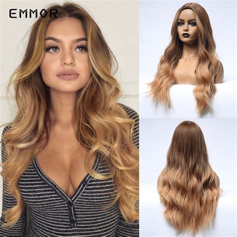 Emmor Long Brown Ombre Synthetic Wigs With Bangs L Grandado