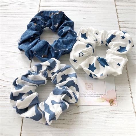 Scrunchie Set Set Of 3 Hair Scrunchies Cotton Scrunchies Blue Etsy