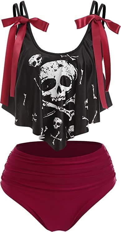 DRESSFO Women S High Waisted Gothic Pirate Skull Bikini Set Flattering Tankini With Tummy