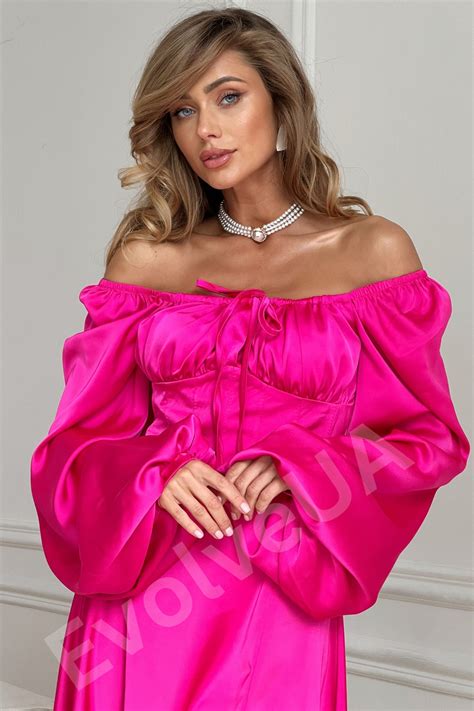 Hot Pink Silk Maxi Dress With Side Slit And Bishop Sleeves Bright Pink Elegant Silk Dress With