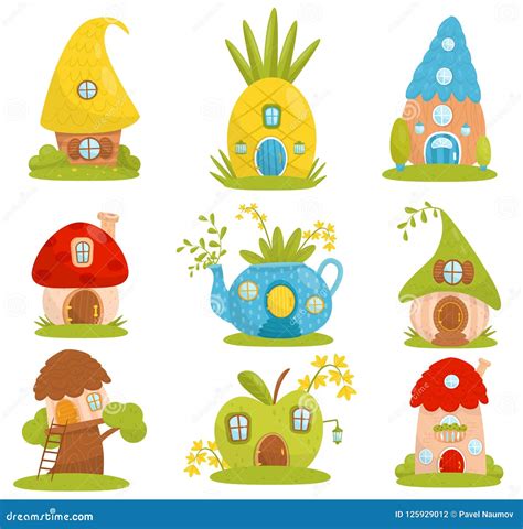 Cute Small Houses Set, Fairytale Fantasy House for Gnome, Dwarf or Elf Vector Illustrations on a ...