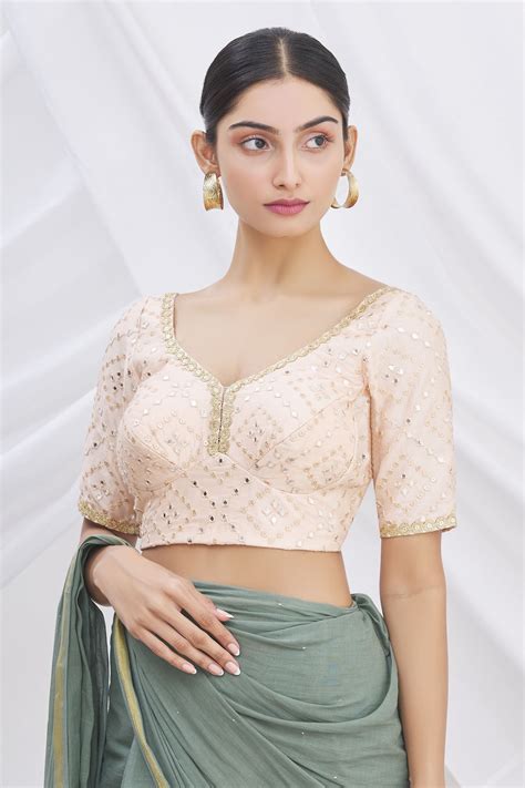 Buy Peach Silk Sweetheart Neck Mirror Embroidered Saree Blouse For