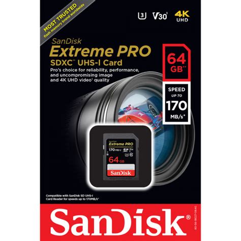 Sandisk Extreme Pro Sdxc 64gb 170mbs V30 Uhs I Sdsdxxy 064g Gn4in