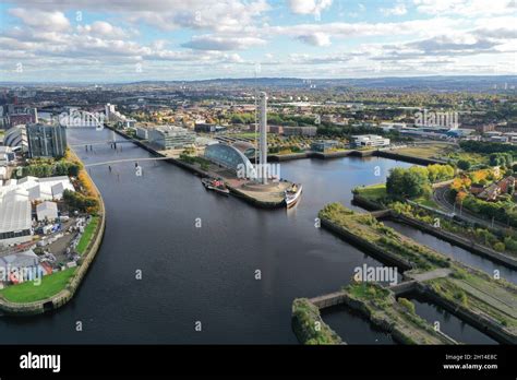 Aerial Drone View Of River Clyde Looking East Towards Glasgow Science