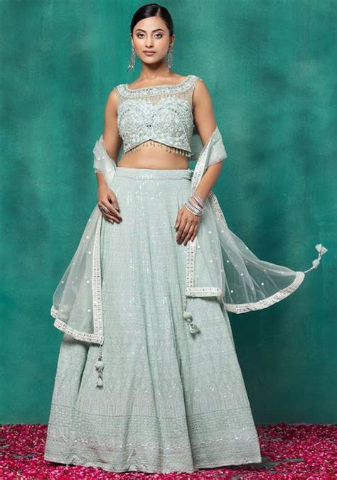 Buy Women Sea Green Embroidered Lehenga Set With Mirror Sequin