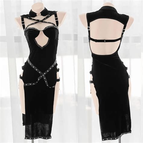 Amazon Anime Lingerie Sexy Devil Cosplay Costume Naughty Witch Cheongsam Punk Rivets High