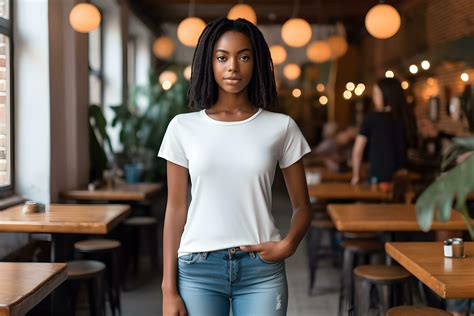 Young woman wearing bella canvas white t shirt and jeans, at a cozy ...