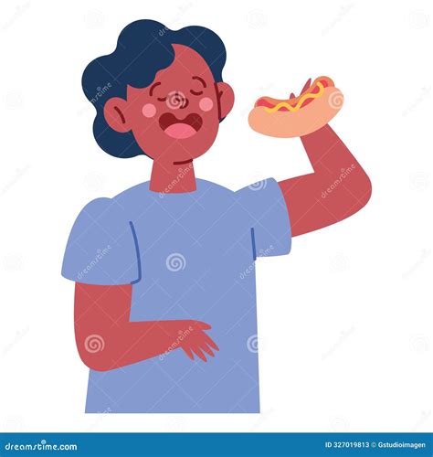 Young man eating hot dog stock illustration. Illustration of food