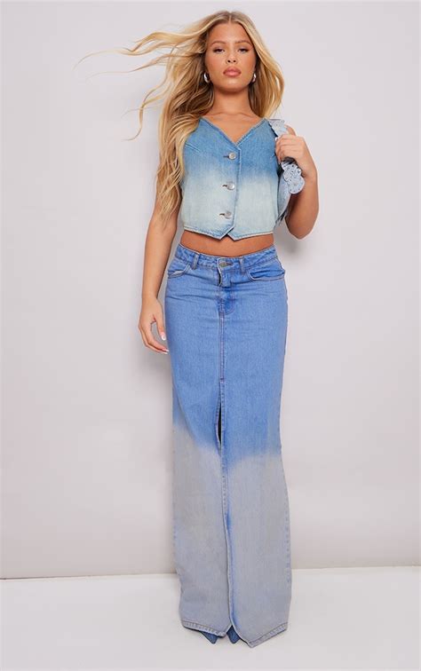 Mid Blue Wash Ombre Denim Maxi Skirt Denim Prettylittlething