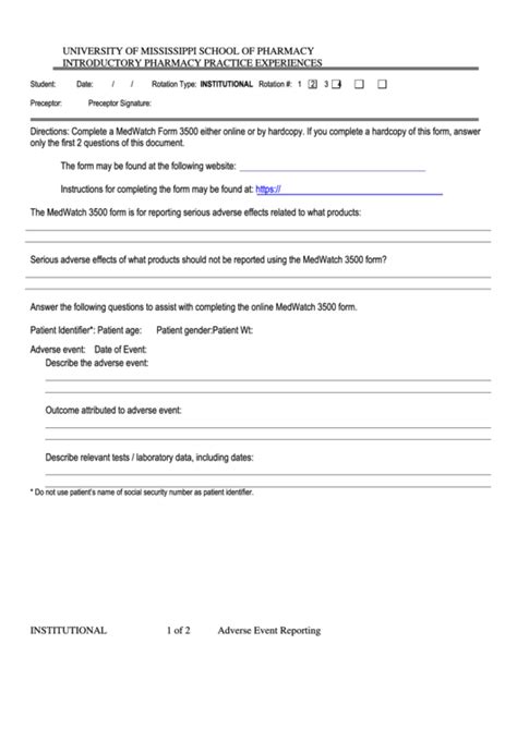 University Of Mississippi Medwatch Form 3500 printable pdf download