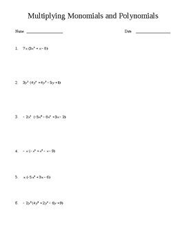 multiplying monomials  polynomials worksheet  multiplying