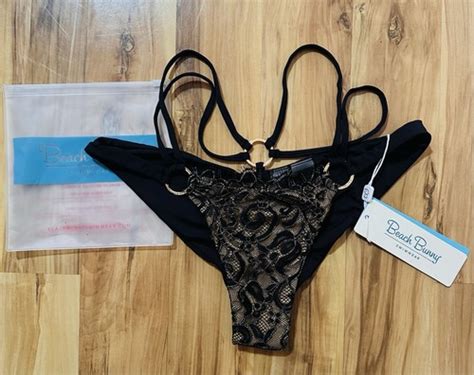 Beach Bunny Side M GunPowder Lace Bikini Bottom NWT Black Gold