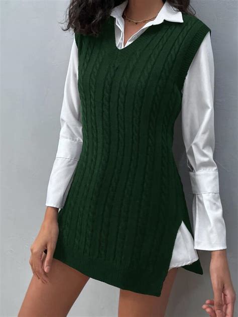 Shein Essnce Cable Knit Split Hem Sweater Vest Shein Usa