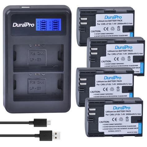 4 X DuraPro LP E6 LP E6N 2000mAh LP E6 LPE6 Camera Battery LCD USB