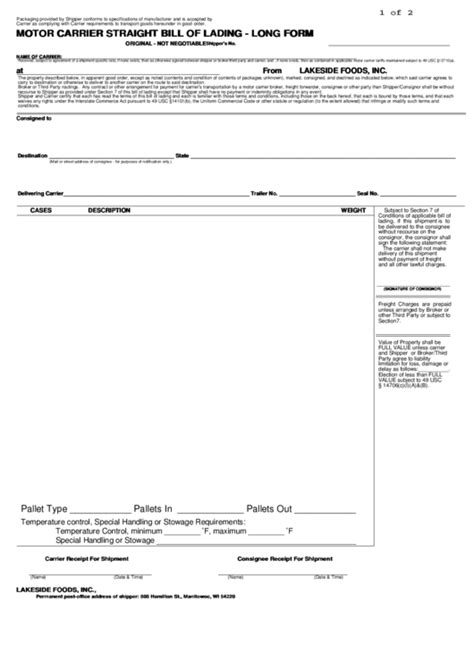 Motor Carrier Straight Bill Of Lading Long Form Printable Pdf Download