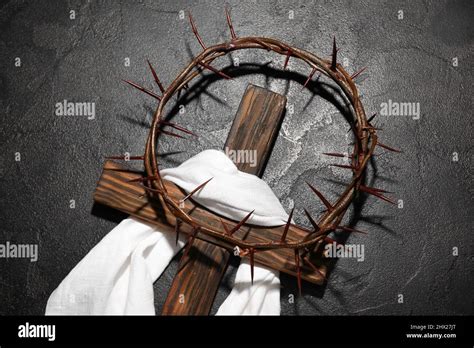 Crown Of Thorns With Wooden Cross And Shroud On Dark Background Stock