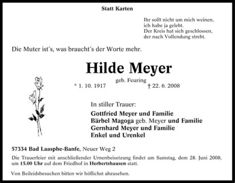 Traueranzeigen Von Hilde Meyer Trauer In NRW De