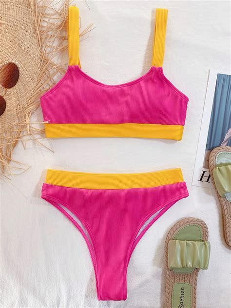 New Sexy Ribbed Splicing Female Swimsuit High Waist Bikini Women