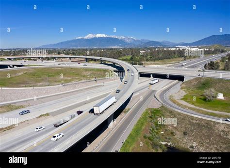 Aerial view of the Interstate 15 and 210 freeway interchange in San ...