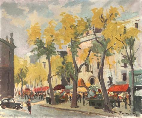 Wim Oepts - Paisaje de pueblo francés, árboles y la plaza, Gassin. en