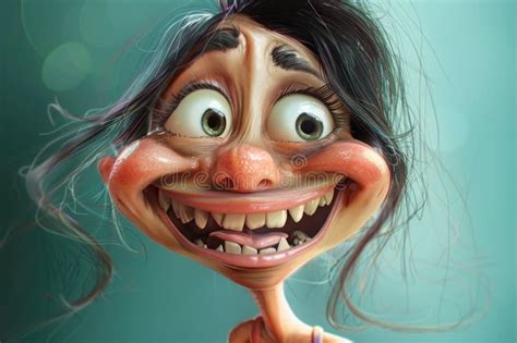 exaggerated cartoon portrait  smiling woman  wild hair stock
