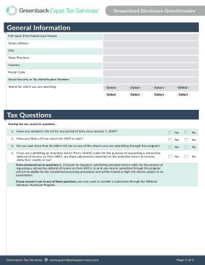 Fillable Online Streamlined Disclosure Questionnaire Greenback Expat