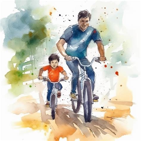 Premium Vector | A father teaching his child how to ride a bicycle and
