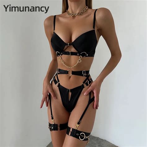 Yimunancy Piece Padded Lingerie Set Women Gothic Sensual Chain Decorated Gothic Erotic Set