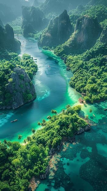A beautiful green landscape with a river running through it | Premium ...