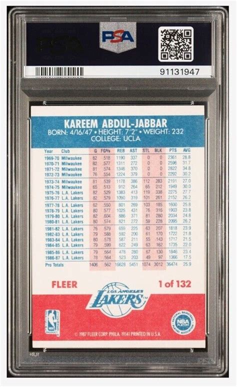 Fleer Kareem Abdul Jabbar Psa Mint Los Angeles Lakers Ebay