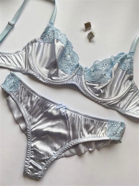 Satin Lingerie Set Sissy Lingerie Sky Blue Bra And Panties Custom Transgender Lingerie Set