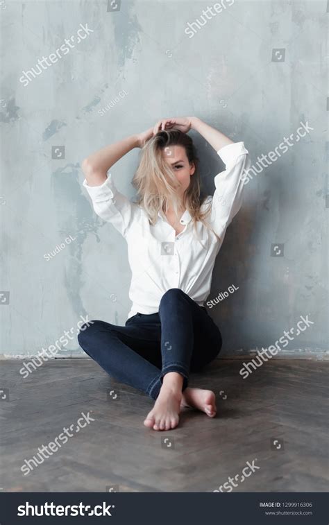 Model Blonde Barefoot Blue Jeans White Stock Photo 1299916306 Shutterstock
