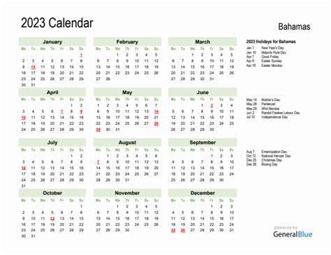 2023 Bahamas Calendar With Holidays