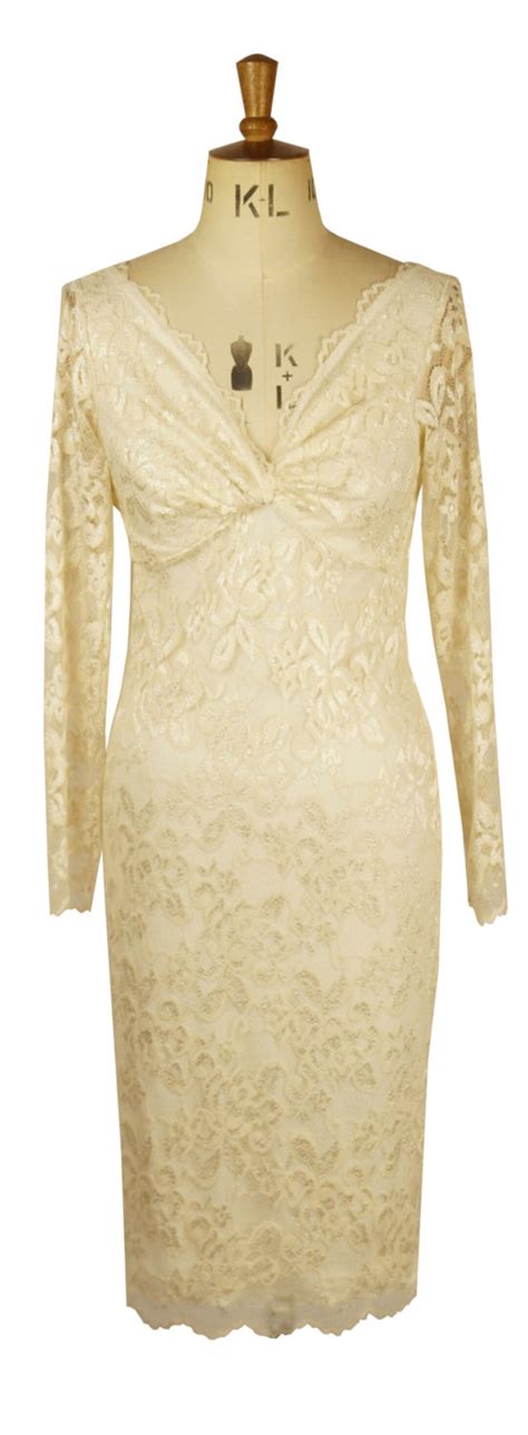 Baylis Knight Cream Nude Cafe Latte LACE Long Sleeve POLLY Twist Pencil Wiggle Knee Dress