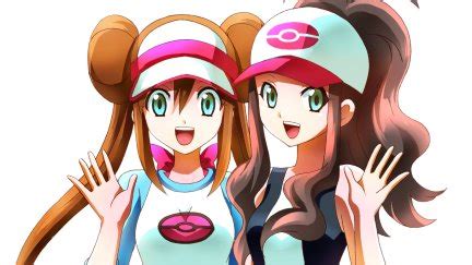 Hilda Pok Mon Long Hair Ponytail Brunette Two Women Anime Anime Girls Pok Mon Rosa